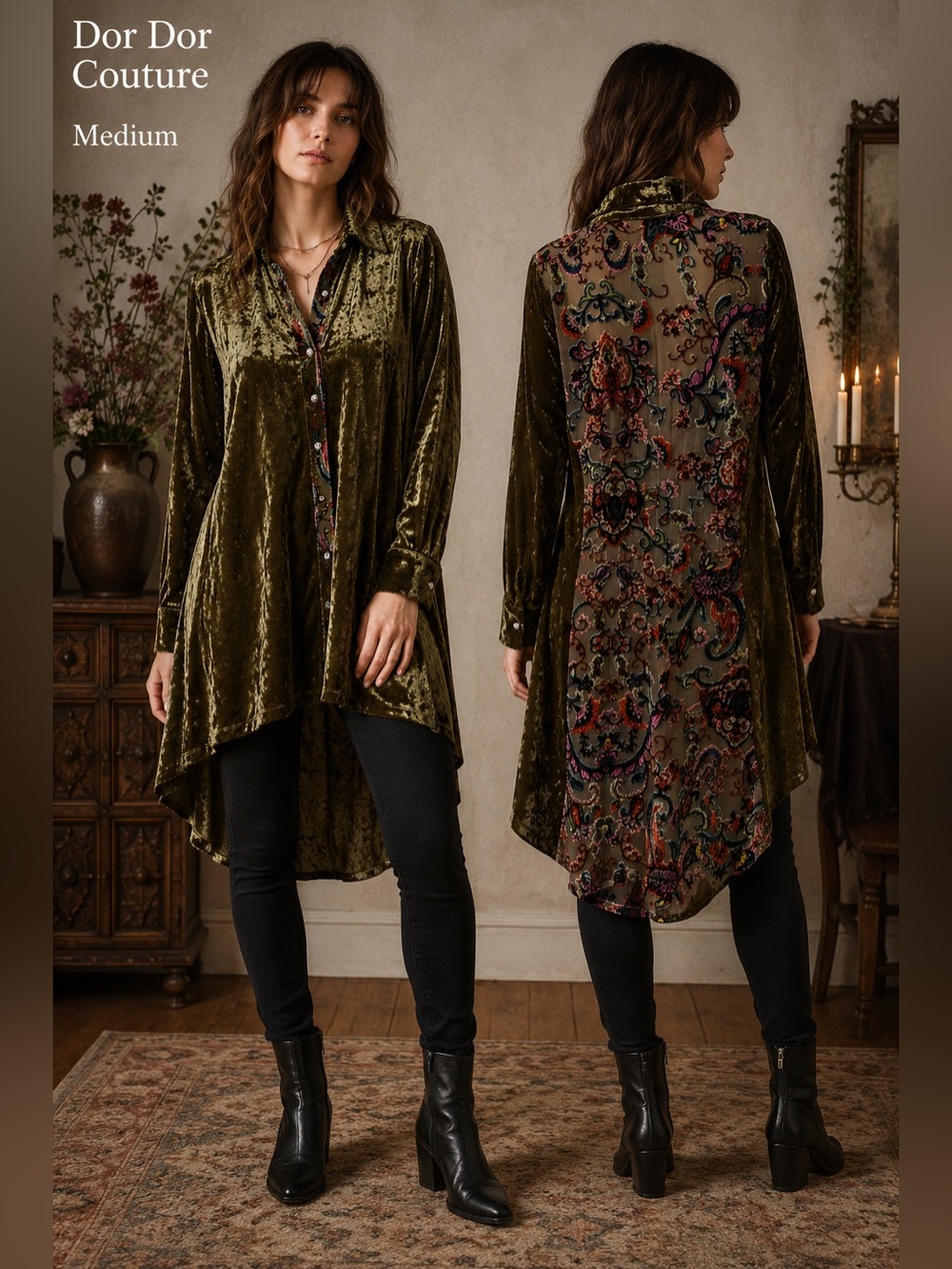 Crushed Velvet Tunic medium green  paisley Burnout sheer Whimsigoth Boho A Line